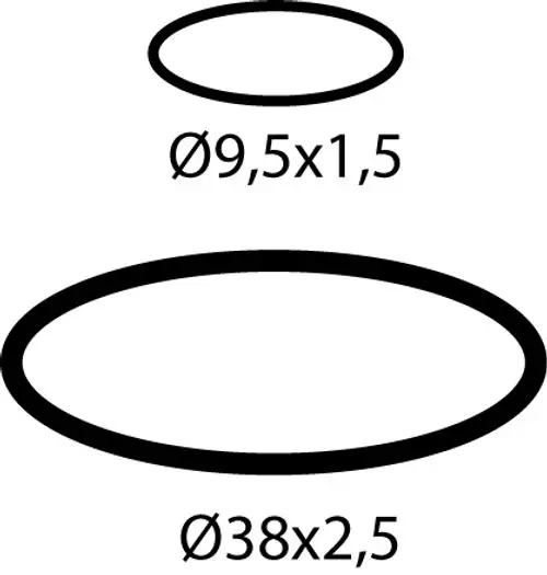 O-Ring-Set von Ideal Standard, bestehend aus zwei ovalen Ringen in unterschiedlichen Größen, dargestellt mit den Durchmessern und Dicken unten im Bild.